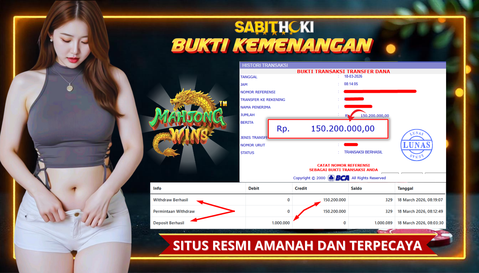 SELAMAT KEPADA MEMBER SETIA SABITHOKI BERHASIL JACKPOT DI PERMAINAN SLOT MAHJONG 2